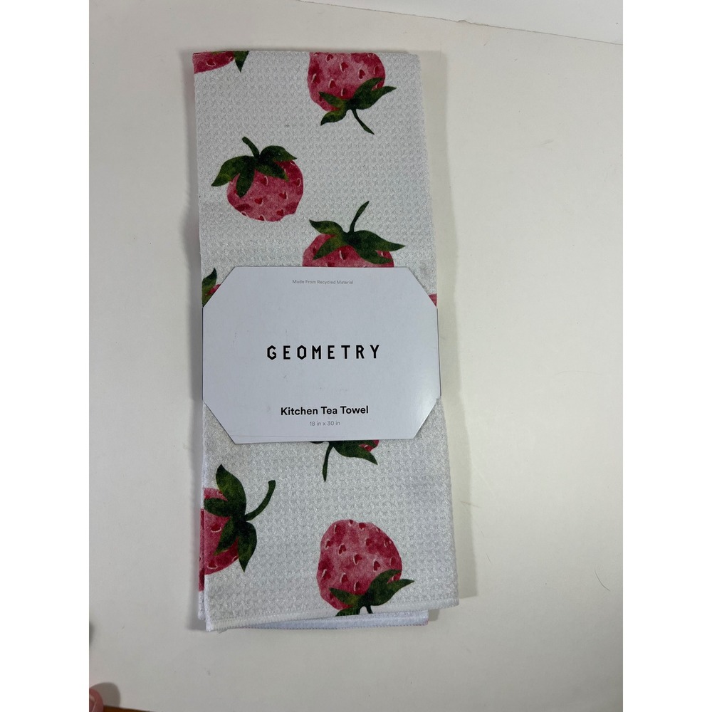 Geometry Kitchen Tea Towel Strawberry Print White Waffle Weave 18x30 Recycled